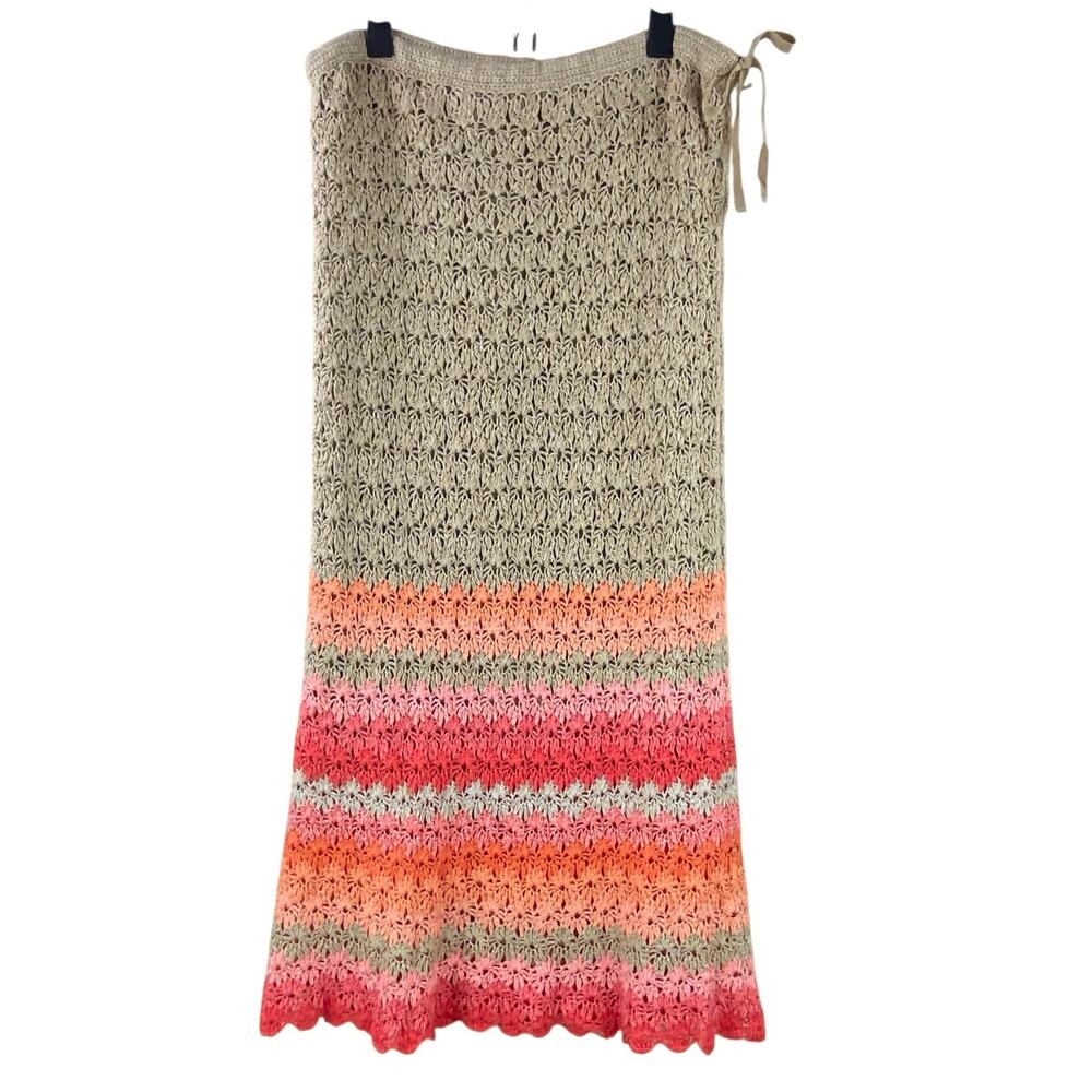 J. Jill Crochet Maxi Skirt Size M Tan Coral Resort Beach Linen Cotton